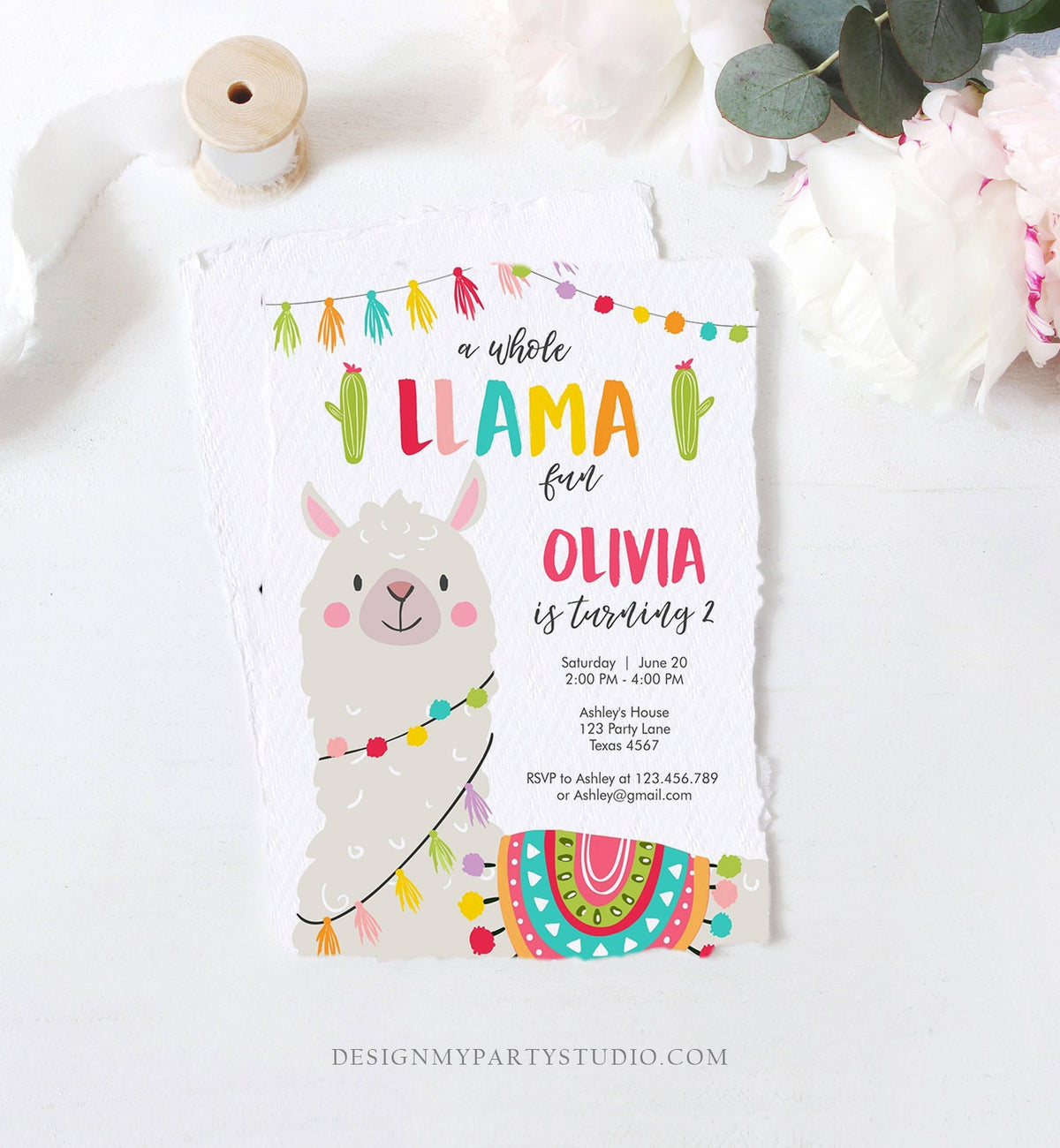 Editable Whole Llama Fun Birthday Invitation Fiesta Mexican Cactus White Boy Girl Alpaca Digital Download Evite Template Printable 0079