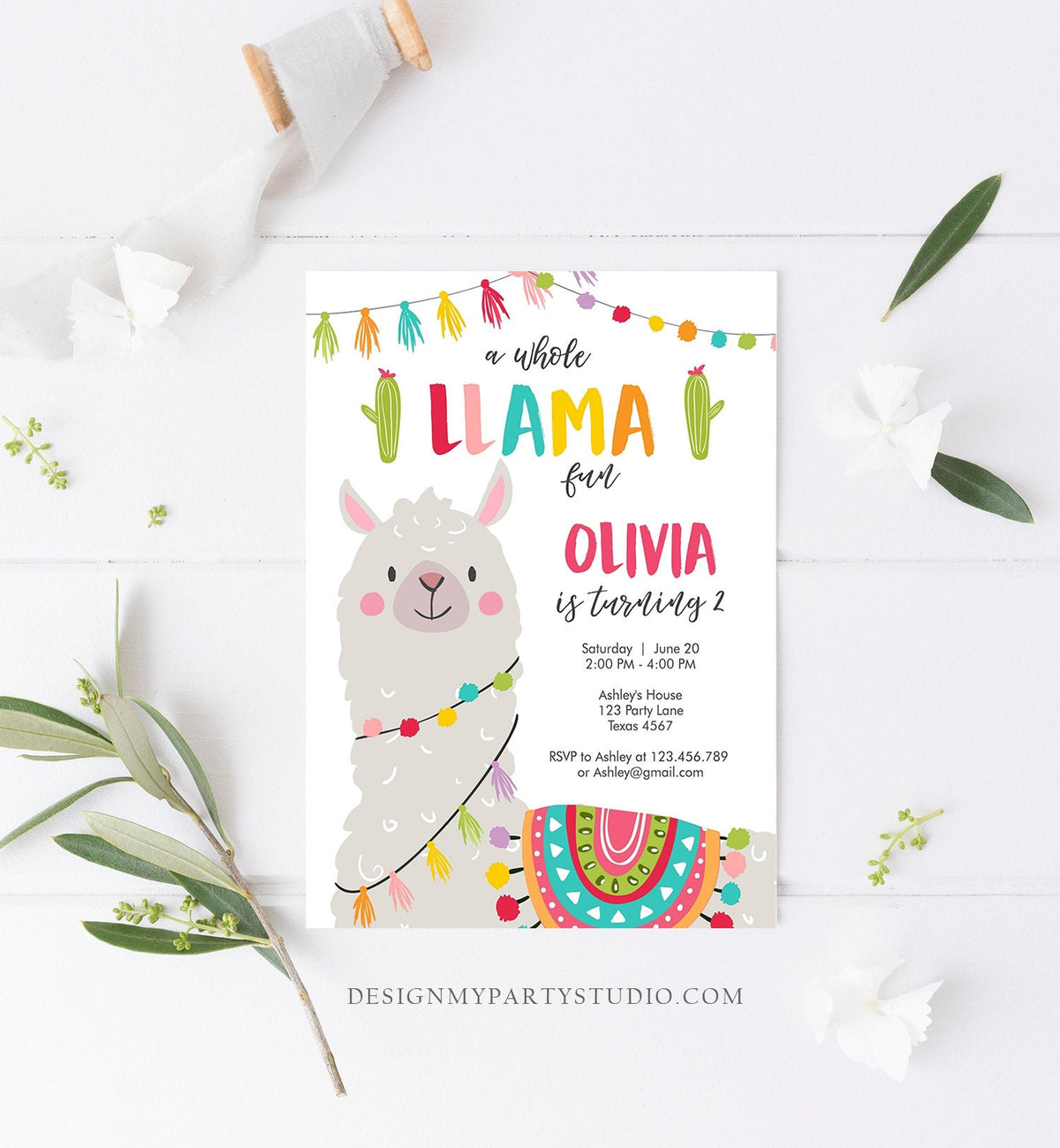 Editable Whole Llama Fun Birthday Invitation Fiesta Mexican Cactus White Boy Girl Alpaca Digital Download Evite Template Printable 0079