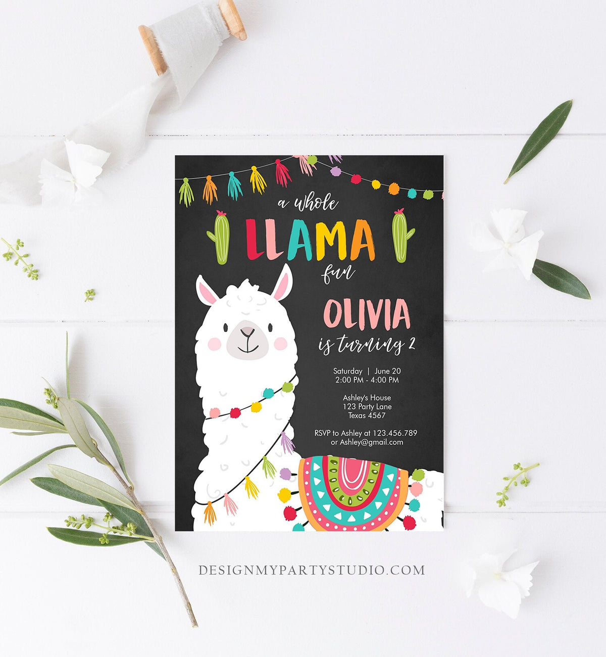 Editable Whole Llama Fun Birthday Invitation Fiesta Mexican Cactus Chalk Boy Girl Alpaca Instant Download Corjl Template Printable 0079