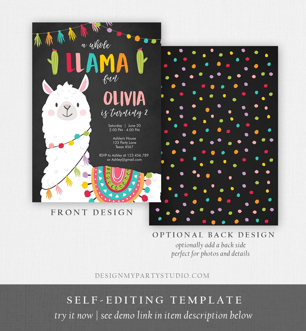 Editable Whole Llama Fun Birthday Invitation Fiesta Mexican Cactus Chalk Boy Girl Alpaca Instant Download Corjl Template Printable 0079