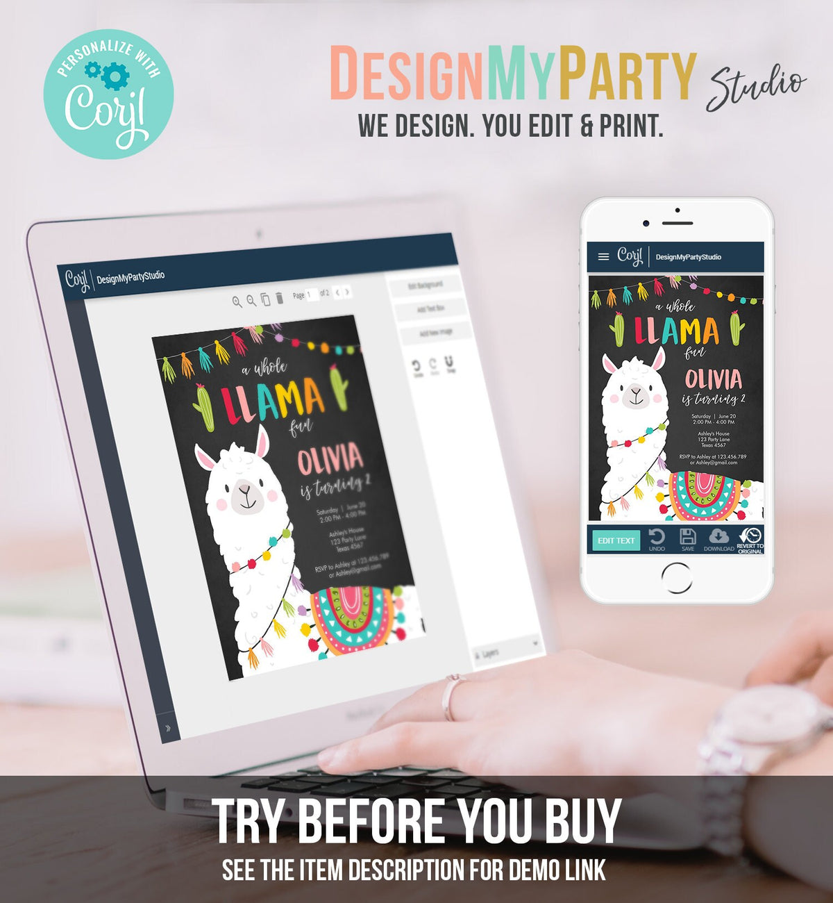 Editable Whole Llama Fun Birthday Invitation Fiesta Mexican Cactus Chalk Boy Girl Alpaca Instant Download Corjl Template Printable 0079