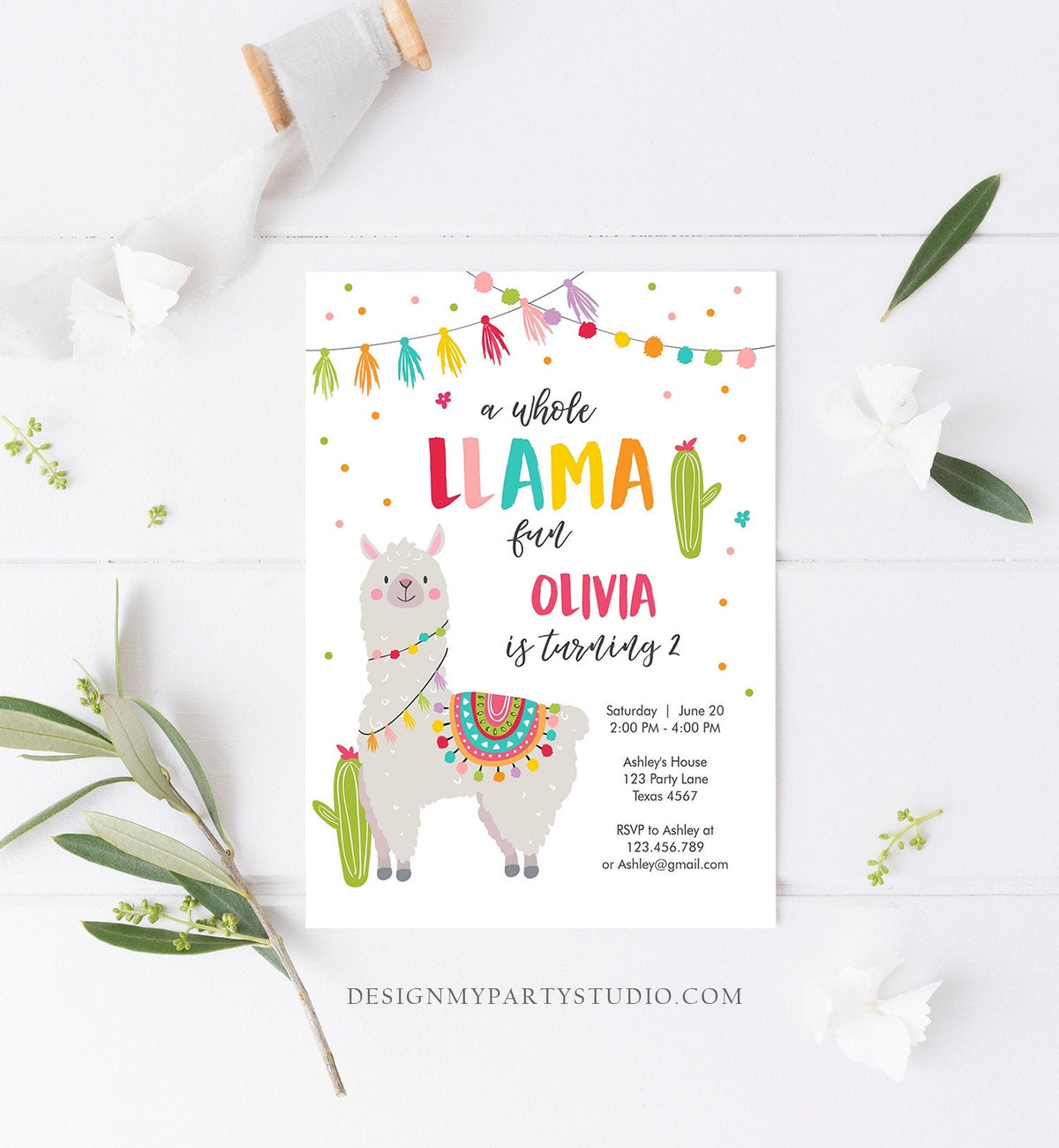 Editable Whole Llama Fun Birthday Invitation Fiesta Mexican Cactus Alpaca Girl Pink Party Instant Download Printable Corjl Template 0079