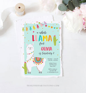 Editable Whole Llama Fun Birthday Invitation Fiesta Mexican Cactus Alpaca Girl Blue Party Instant Download Printable Corjl Template 0079