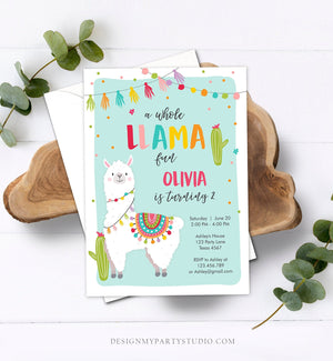 Editable Whole Llama Fun Birthday Invitation Fiesta Mexican Cactus Alpaca Girl Blue Party Instant Download Printable Corjl Template 0079