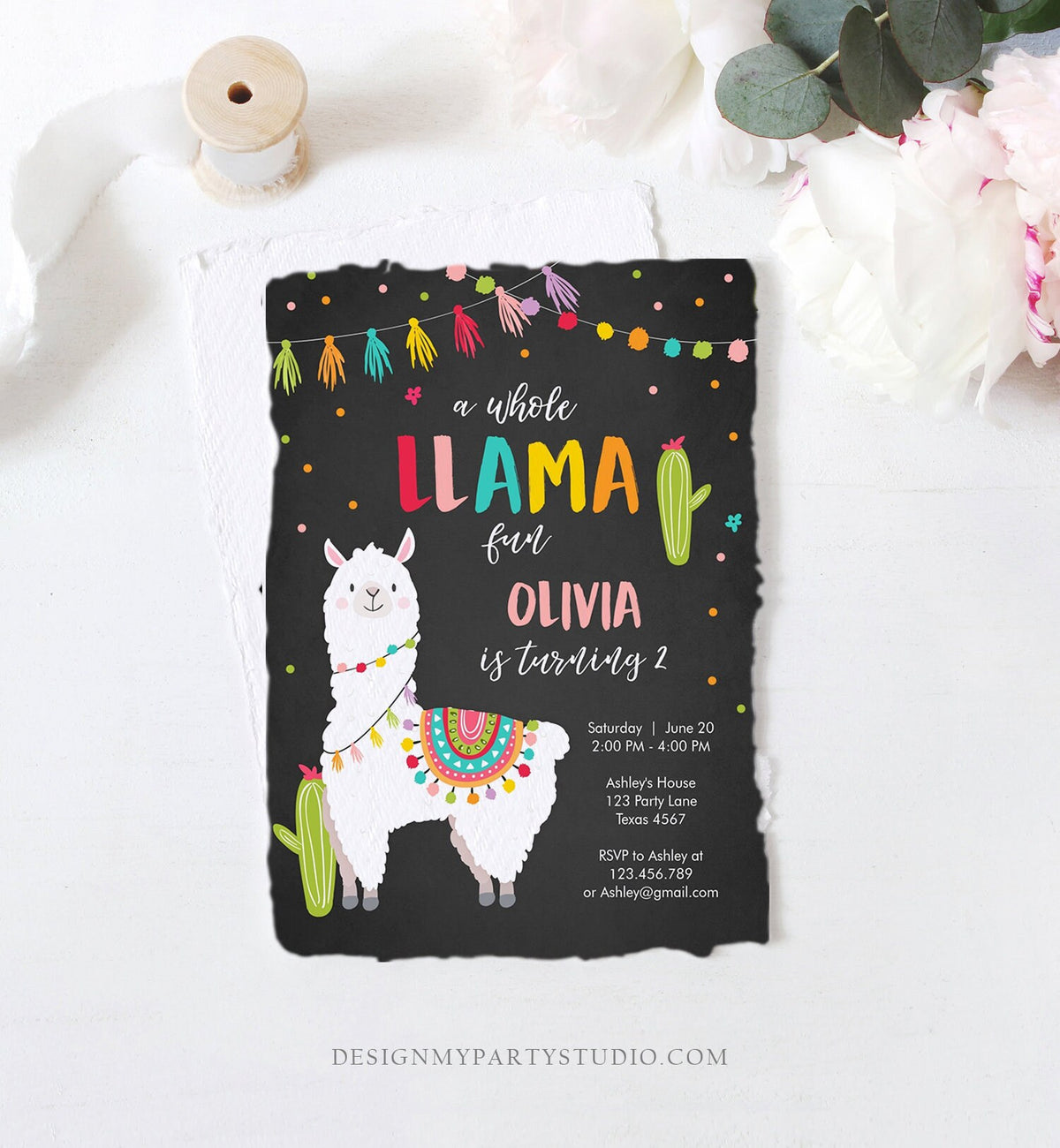 Editable Whole Llama Fun Birthday Invitation Fiesta Mexican Cactus Alpaca Girl Pink Chalk Instant Download Printable Corjl Template 0079