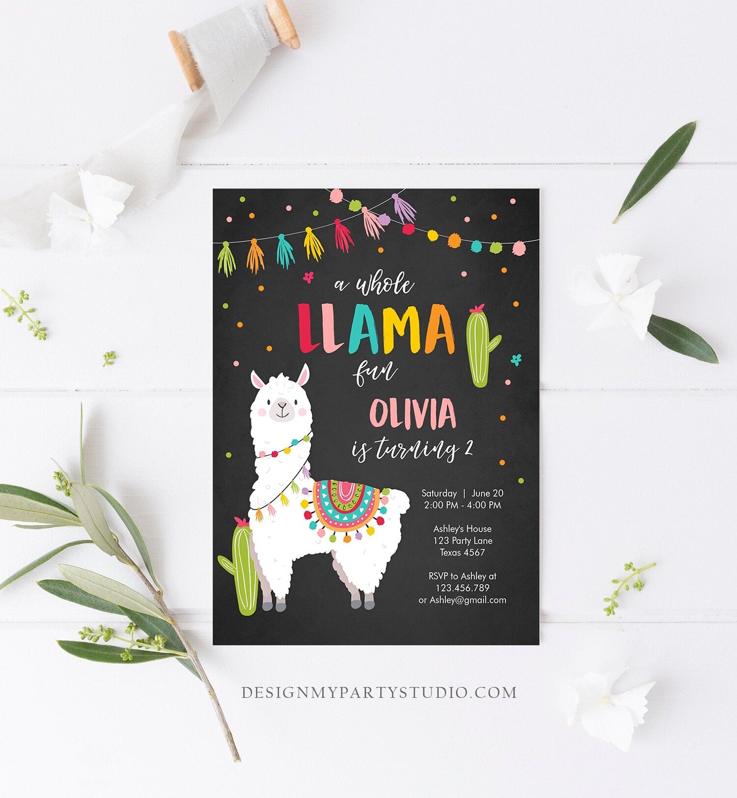 Editable Whole Llama Fun Birthday Invitation Fiesta Mexican Cactus Alpaca Girl Pink Chalk Instant Download Printable Corjl Template 0079