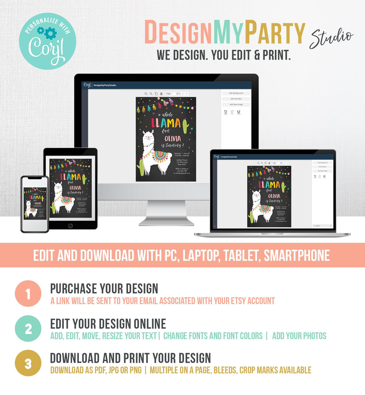 Editable Whole Llama Fun Birthday Invitation Fiesta Mexican Cactus Alpaca Girl Pink Chalk Instant Download Printable Corjl Template 0079