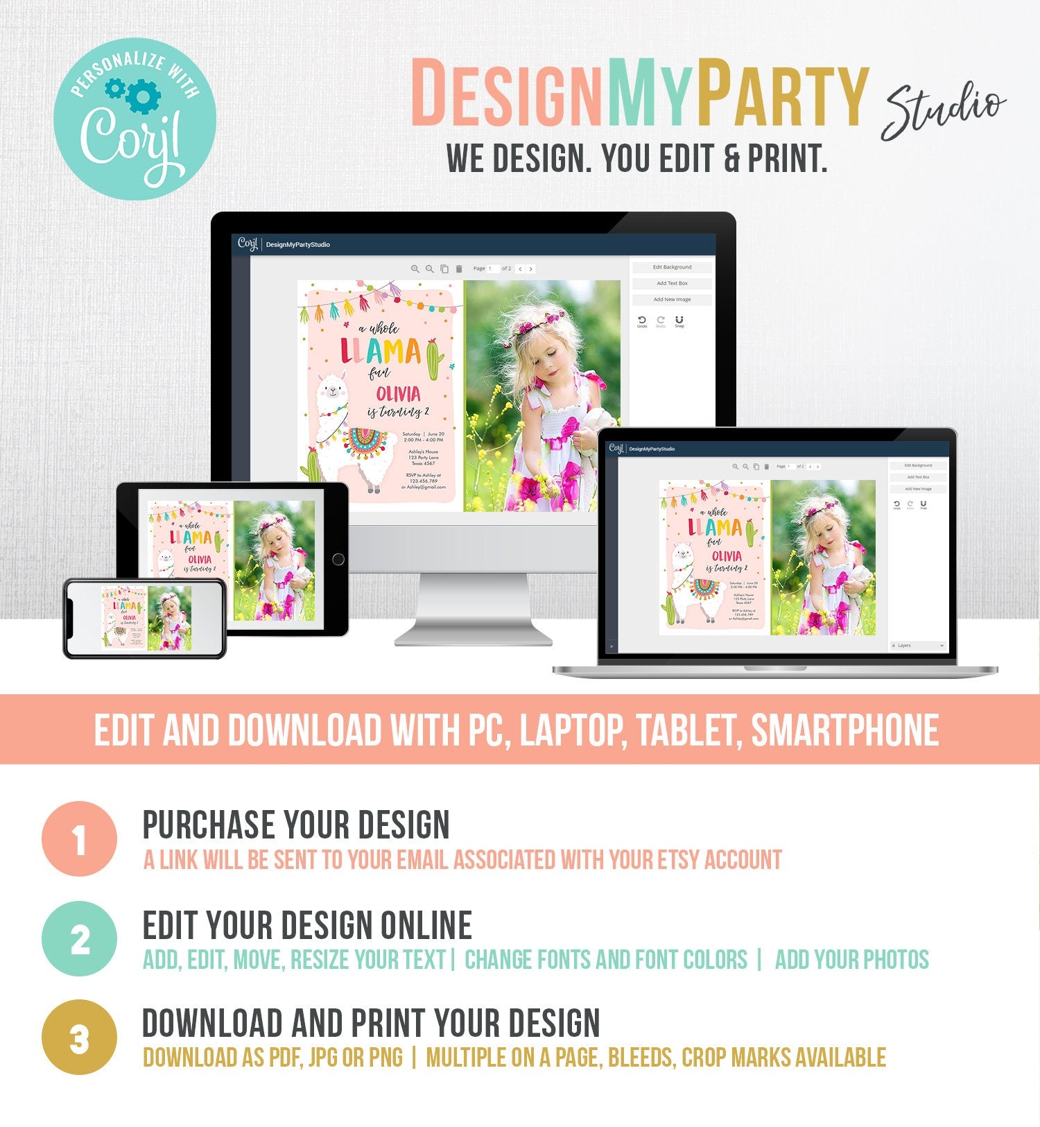 Editable Whole Llama Fun Birthday Invitation Fiesta Mexican Cactus Alpaca Girl Pink Party Digital Download Evite Template Printable 0079