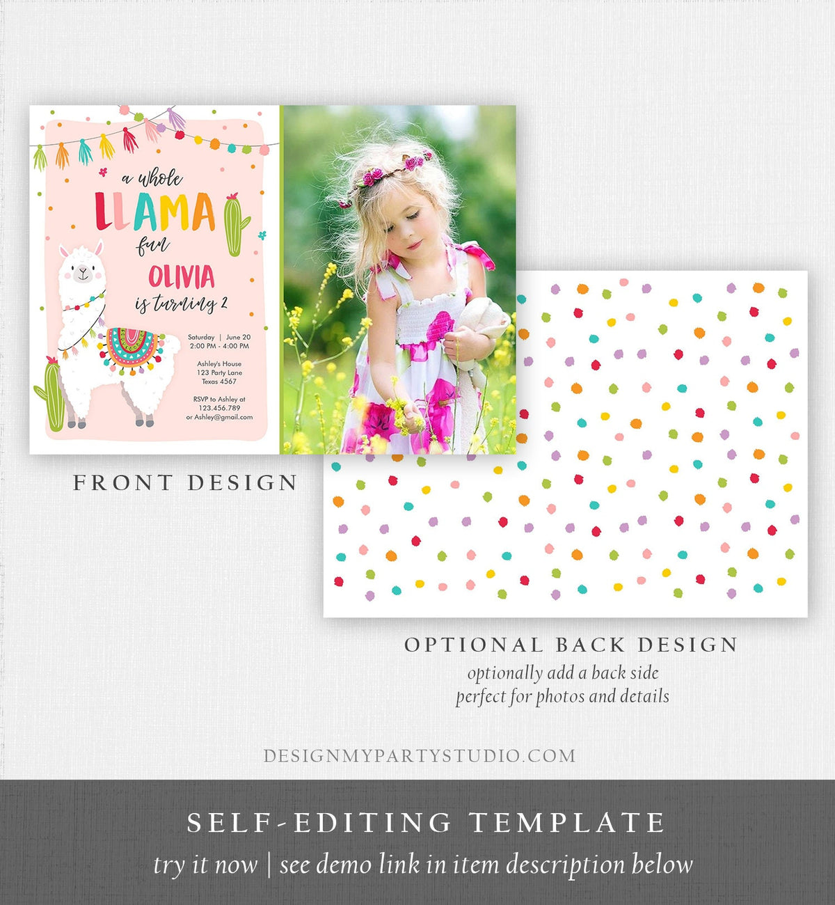 Editable Whole Llama Fun Birthday Invitation Fiesta Mexican Cactus Alpaca Girl Pink Party Digital Download Evite Template Printable 0079