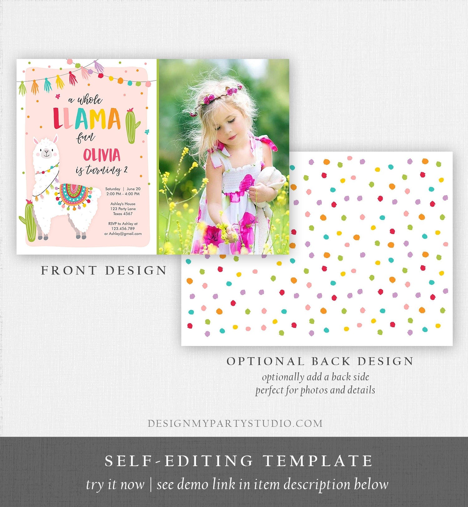 Editable Whole Llama Fun Birthday Invitation Fiesta Mexican Cactus Alpaca Girl Pink Party Digital Download Evite Template Printable 0079