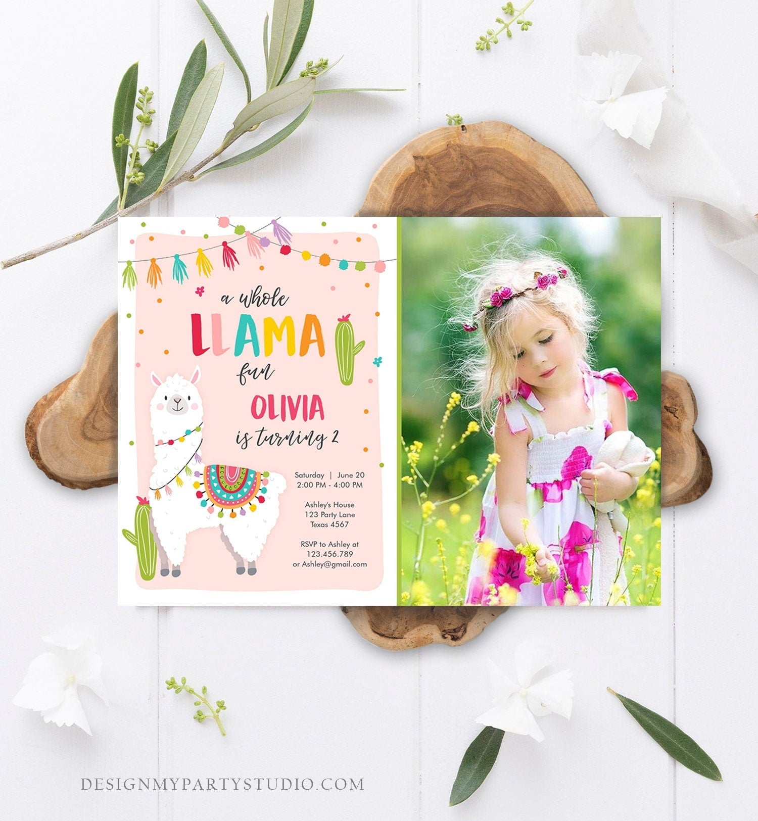 Editable Whole Llama Fun Birthday Invitation Fiesta Mexican Cactus Alpaca Girl Pink Party Digital Download Evite Template Printable 0079