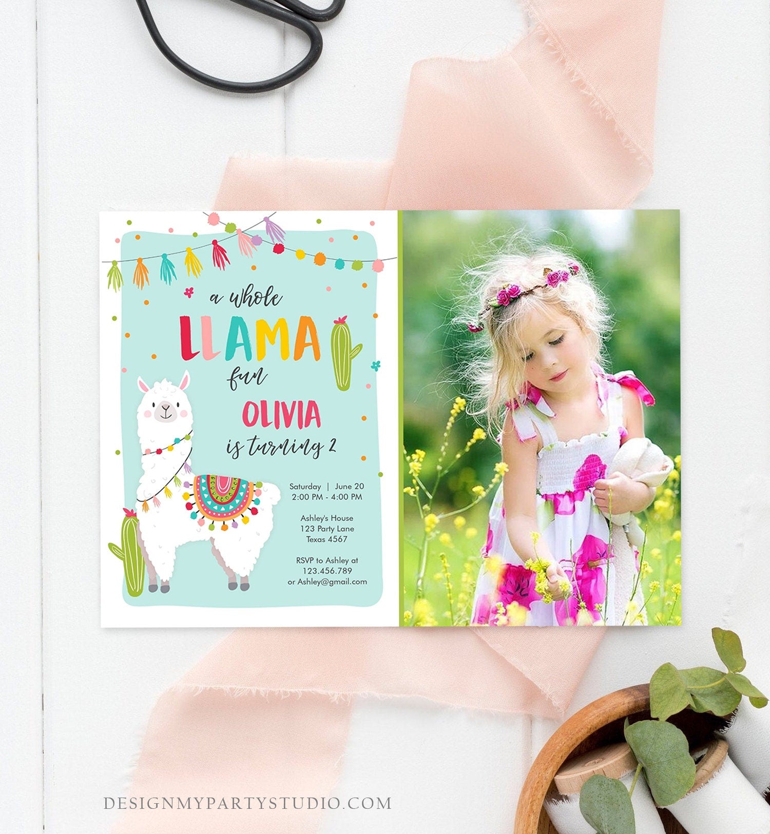 Editable Whole Llama Fun Birthday Invitation Fiesta Mexican Cactus Alpaca Girl Pink Party Instant Download Printable Corjl Template 0079