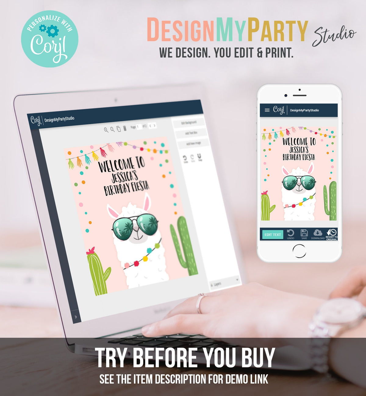 Editable Llama Welcome Sign Sunglasses Birthday Party Whole Llama Alpaca Poster Girl Pink Mexican Fiesta Baby Shower Corjl Template 0079