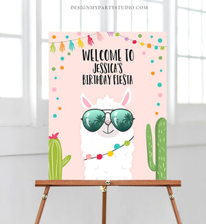 Editable Llama Welcome Sign Sunglasses Birthday Party Whole Llama Alpaca Poster Girl Pink Mexican Fiesta Baby Shower Corjl Template 0079