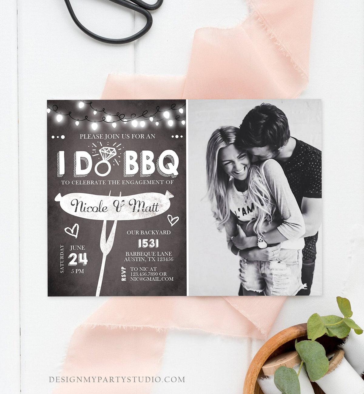 Editable I Do BBQ Engagement Party Invitation Couples Chalk String Lights Ring Barbecue Outdoor Bridal Shower Printable Corjl Template 0145