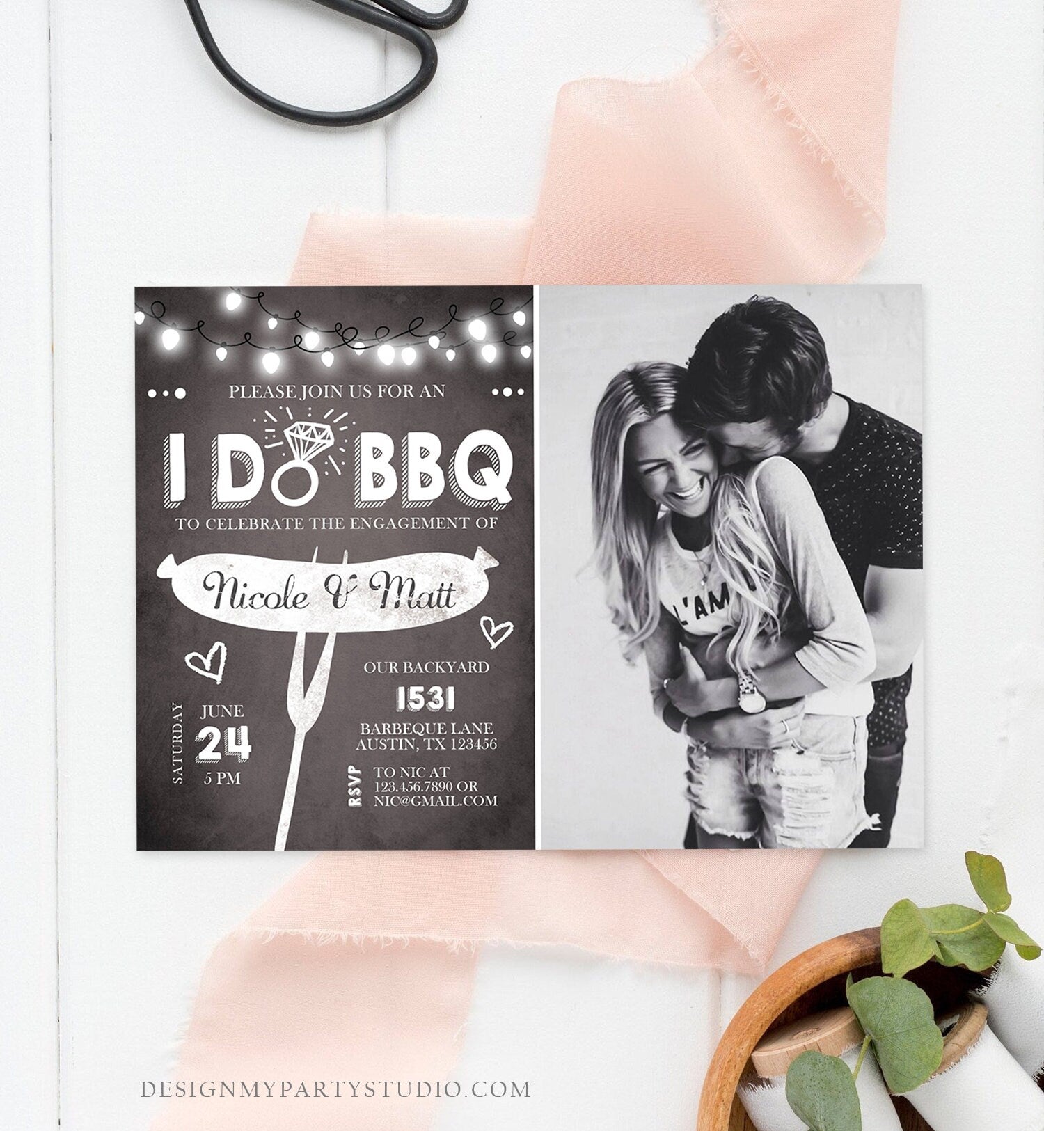 Editable I Do BBQ Engagement Party Invitation Couples Chalk String Lights Ring Barbecue Outdoor Bridal Shower Printable Corjl Template 0145