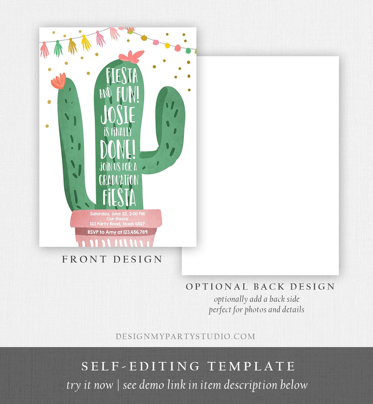 Editable Graduation Fiesta and Fun Party Invitation Finally Done Let's Fiesta Cactus College High School Grad Corjl Template Printable 0255