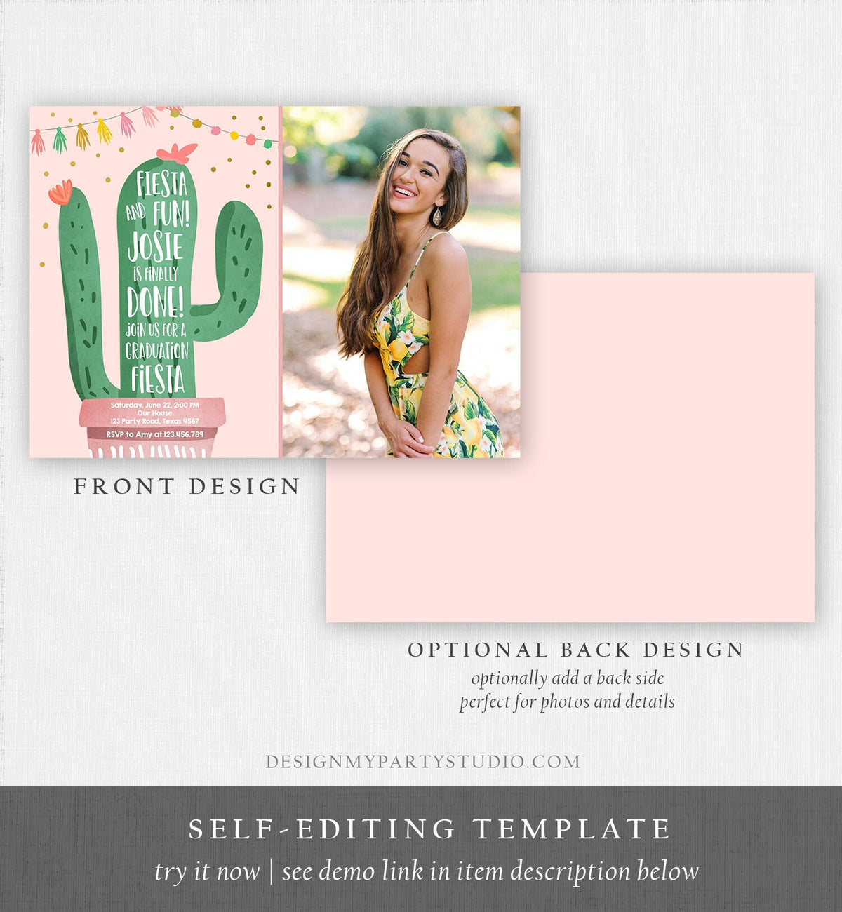 Editable Graduation Fiesta and Fun Party Invitation Finally Done Let's Fiesta Cactus College High School Grad Corjl Template Printable 0255