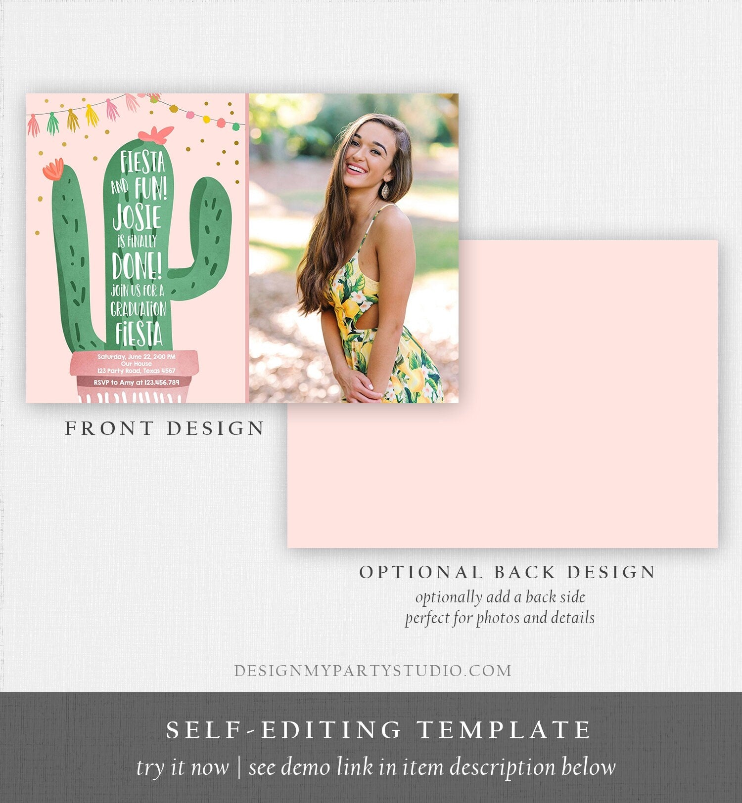 Editable Graduation Fiesta and Fun Party Invitation Finally Done Let's Fiesta Cactus College High School Grad Corjl Template Printable 0255