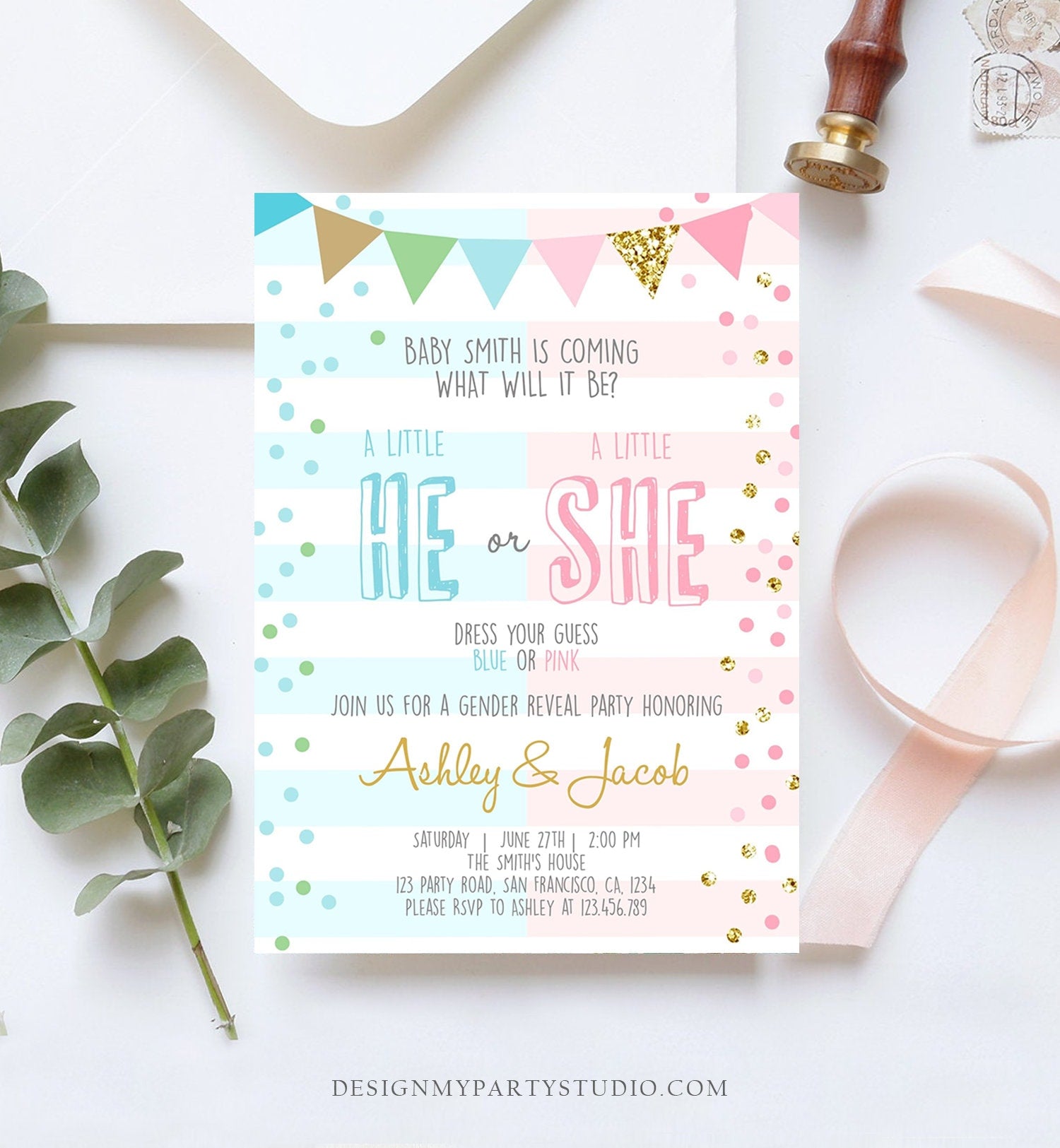 Editable Gender Reveal Invitation Confetti Blue or Pink Gold Boy or Girl He or She Rustic Instant Download Printable Template Corjl 0228