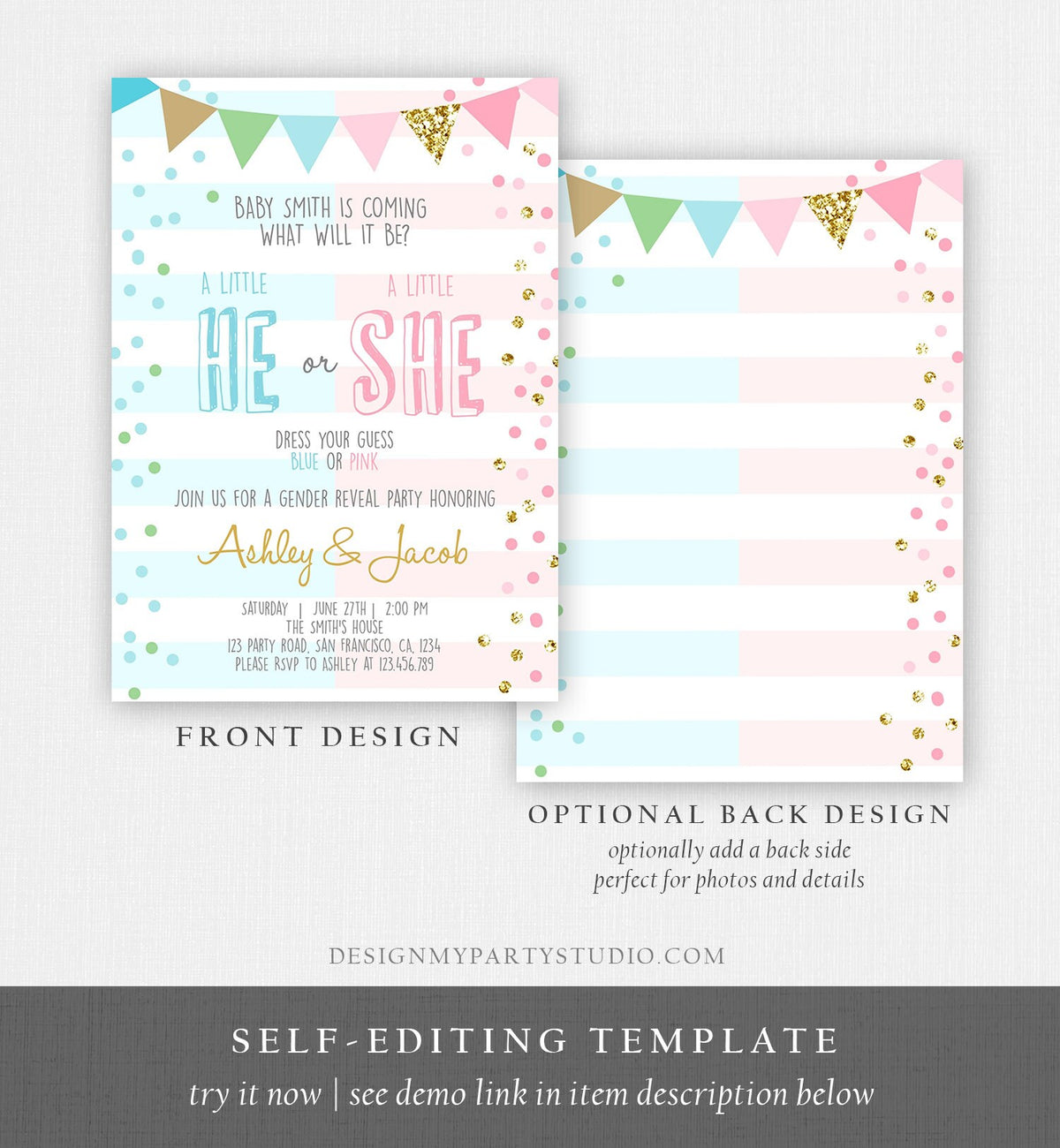 Editable Gender Reveal Invitation Confetti Blue or Pink Gold Boy or Girl He or She Rustic Instant Download Printable Template Corjl 0228