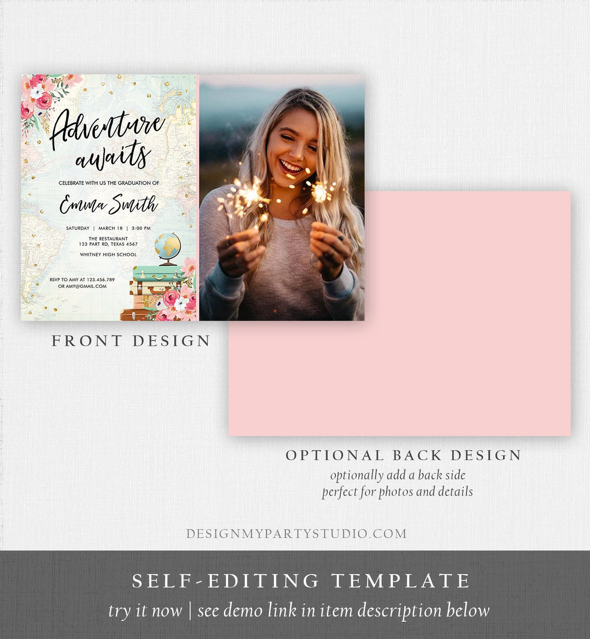 Editable Adventure Awaits Graduation Party Invitation Travel Around the World High School Grad College Digital Template Printable 0030