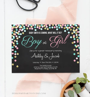 Editable Gender Reveal Invitation Confetti Blue or Pink Gold Boy or Girl He or She Rustic Instant Download Printable Template Corjl 0133