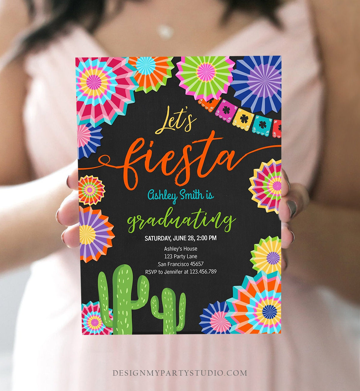 Editable Let's Fiesta Graduation Party Invitation Cactus Mexican Taco Bout Grad High School College Digital Download Template Printable 0236