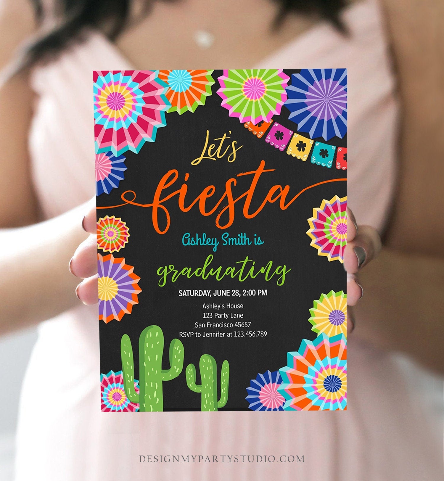 Editable Let's Fiesta Graduation Party Invitation Cactus Mexican Taco Bout Grad High School College Digital Download Template Printable 0236