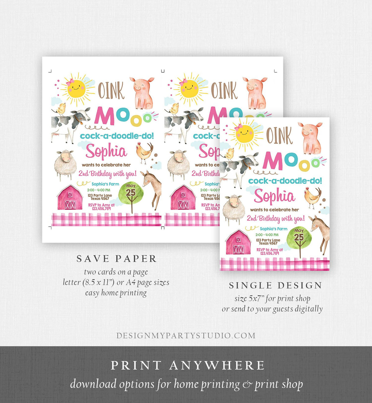 Editable Farm Birthday Invitation Girl Farm Animals Pink Barnyard Party Invite Download Printable Invitation Template Digital Corjl 0160