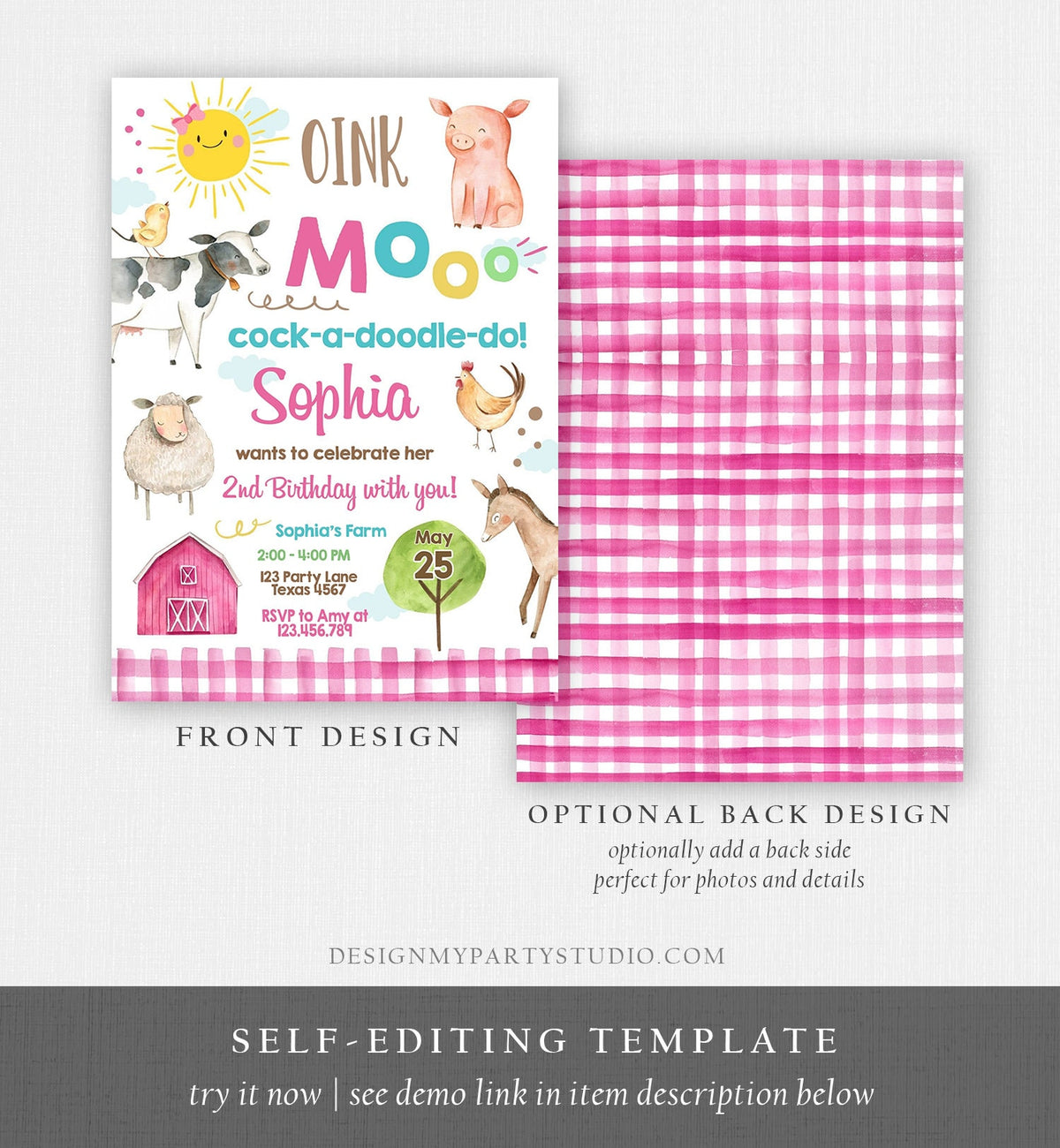 Editable Farm Birthday Invitation Girl Farm Animals Pink Barnyard Party Invite Download Printable Invitation Template Digital Corjl 0160
