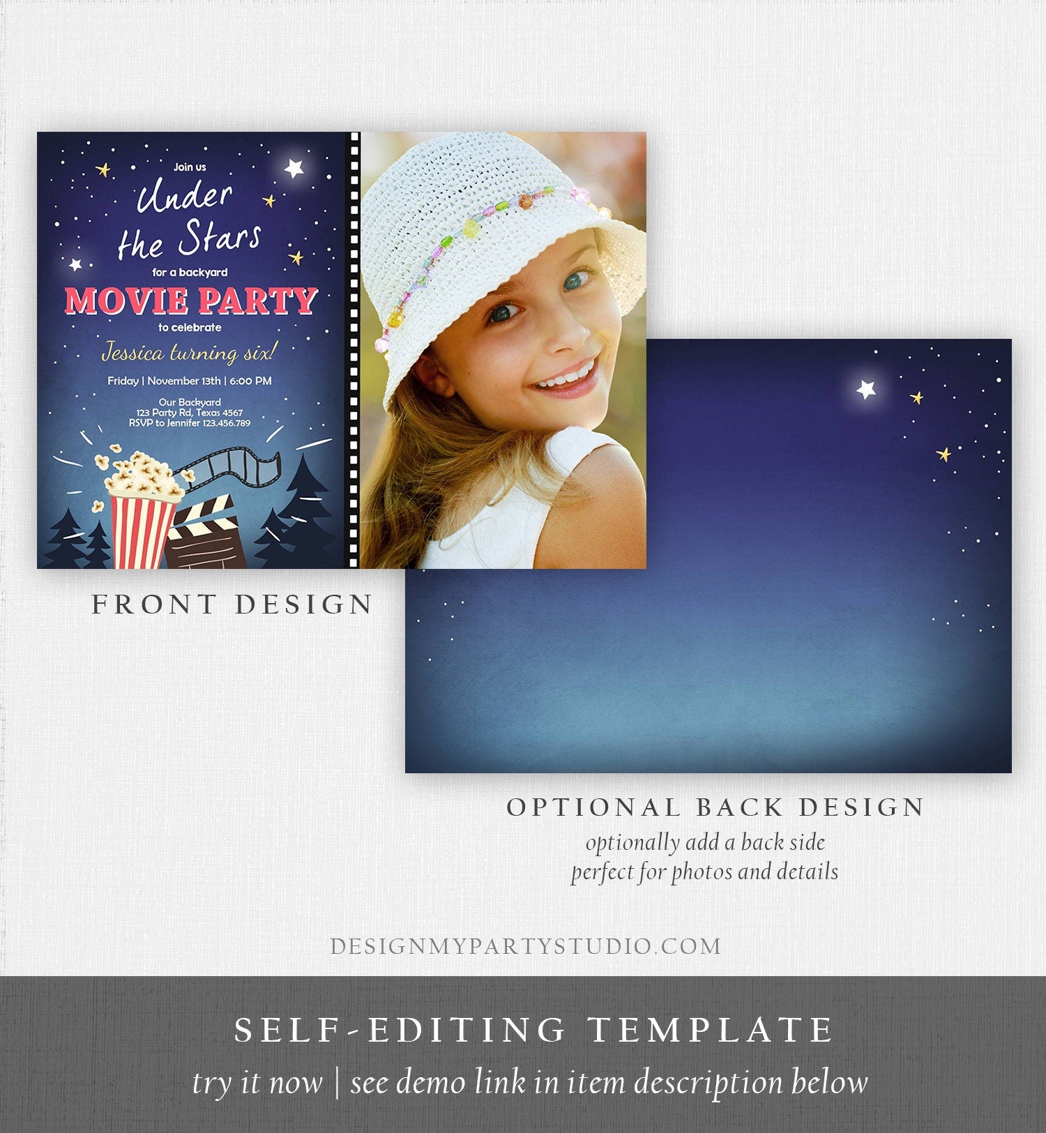 Editable Movie Night Invitation Under the Stars Outdoor Backyard Movie Party Popcorn Birthday Download Printable Template Corjl 0177