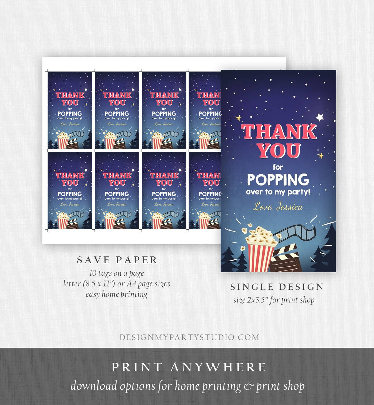 Editable Favor Tags Movie Night Thank you Gift Tags Cinema Movie Under The Stars Popcorn Backyard Movie Party Template PRINTABLE Corjl 0177