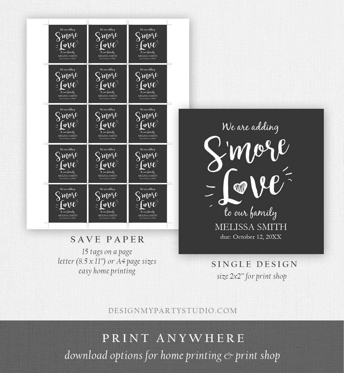 Editable Smore Love Favor Tag We Are Adding S&#39;more Love To Our Family Square Round Baby Shower Favors Download Corjl Template PRINTABLE 0276