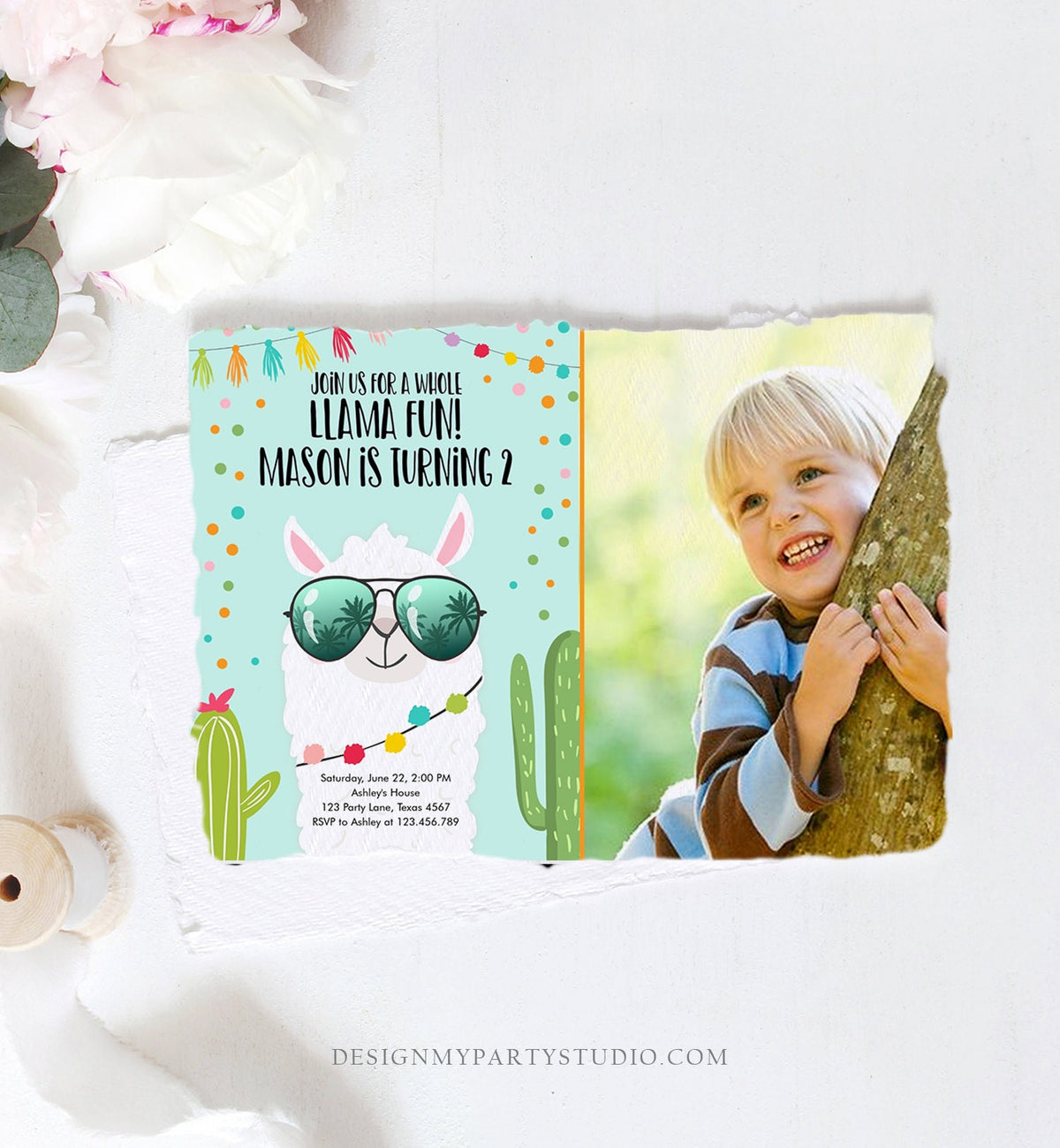 Editable Whole Llama Fun Birthday Invitation Llama Fiesta Cactus Confetti Boy Blue Alpaca Photo Download Printable Template Corjl 0079