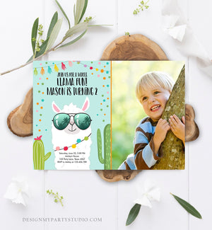 Editable Whole Llama Fun Birthday Invitation Llama Fiesta Cactus Confetti Boy Blue Alpaca Photo Download Printable Template Corjl 0079