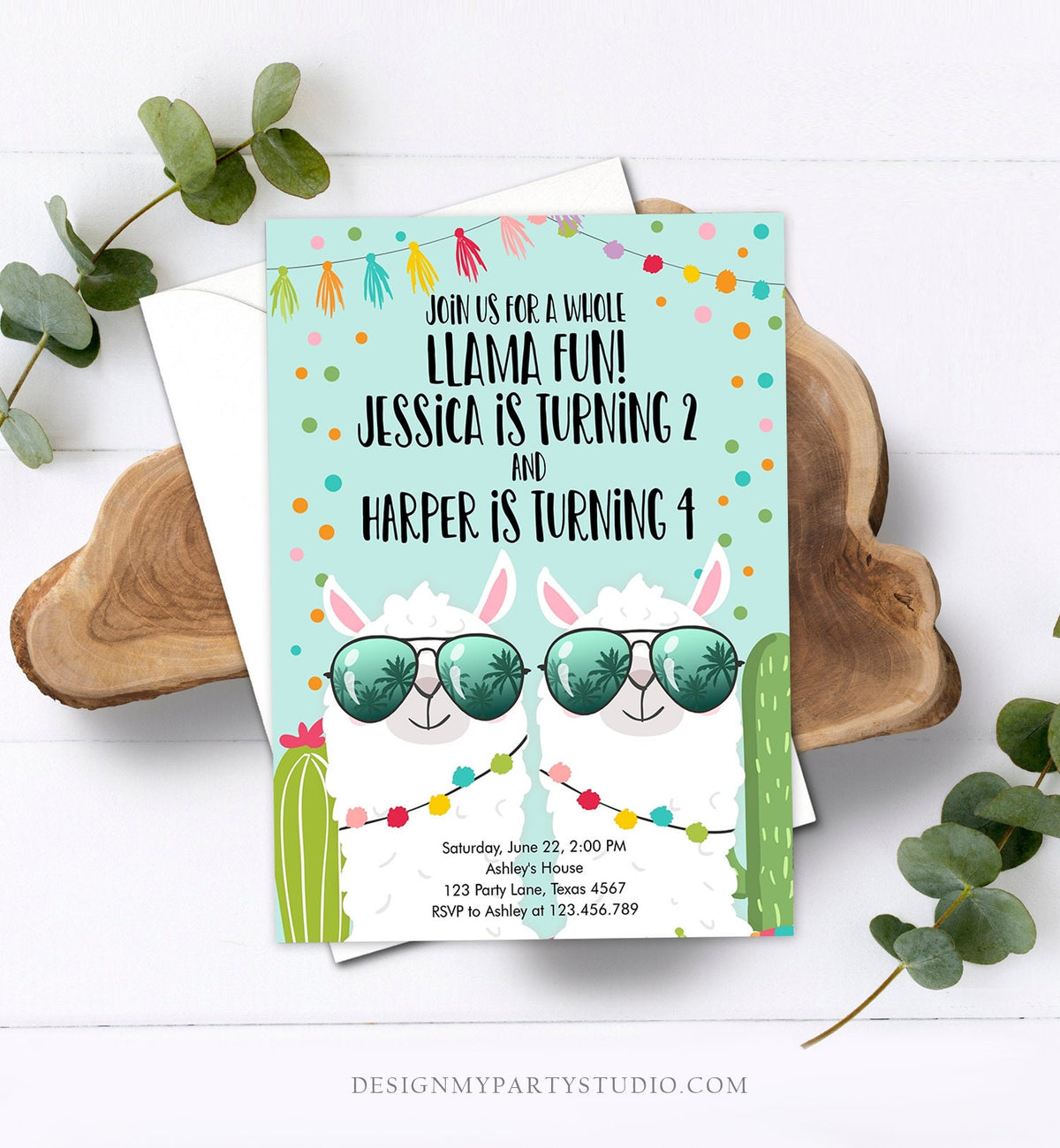 Editable Whole Llama Fun Birthday Invitation Joined Coed Twin Twins Llamas Fiesta Cactus Confetti Boy Blue Alpaca Template Corjl 0079