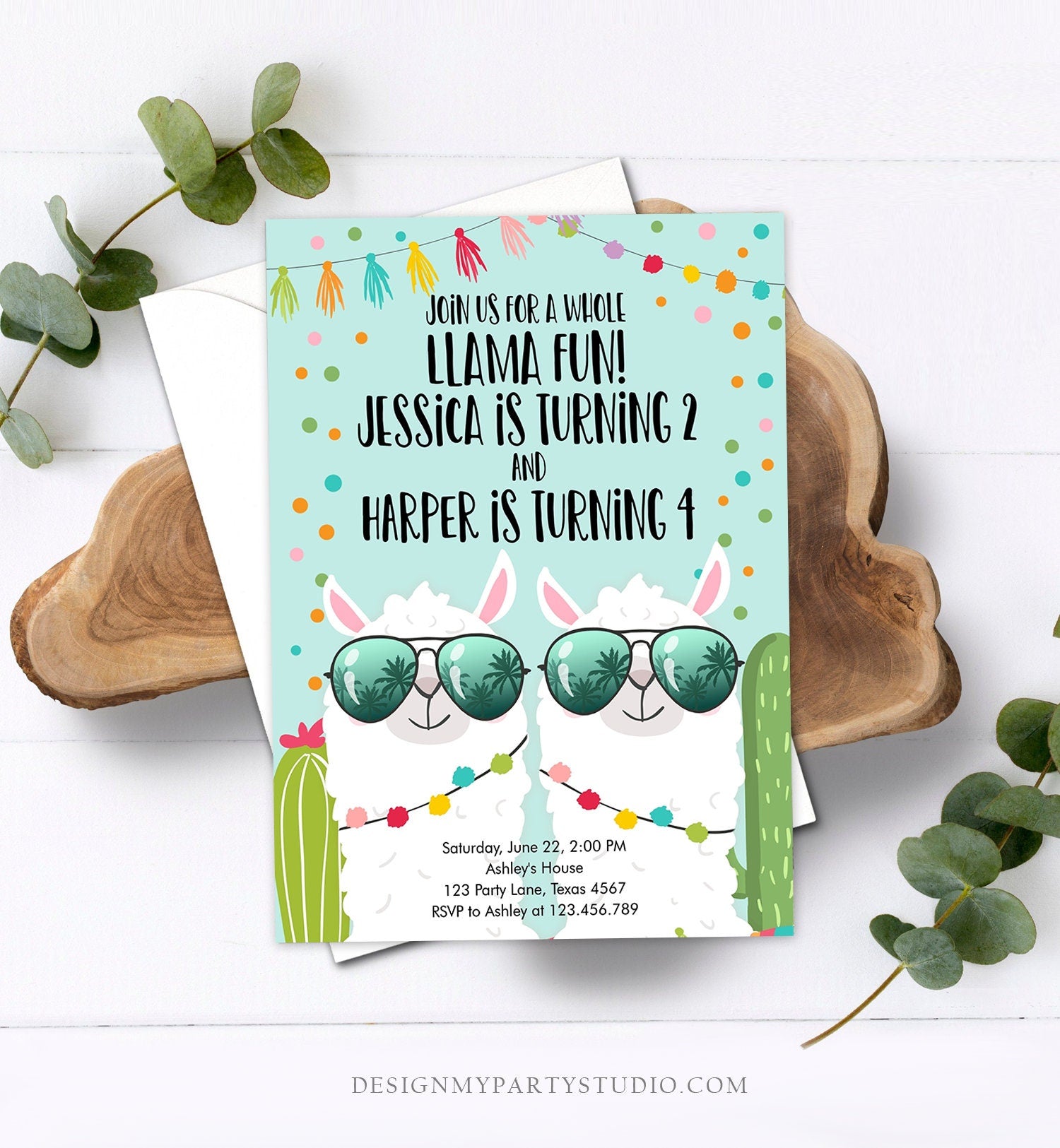 Editable Whole Llama Fun Birthday Invitation Joined Coed Twin Twins Llamas Fiesta Cactus Confetti Boy Blue Alpaca Template Corjl 0079