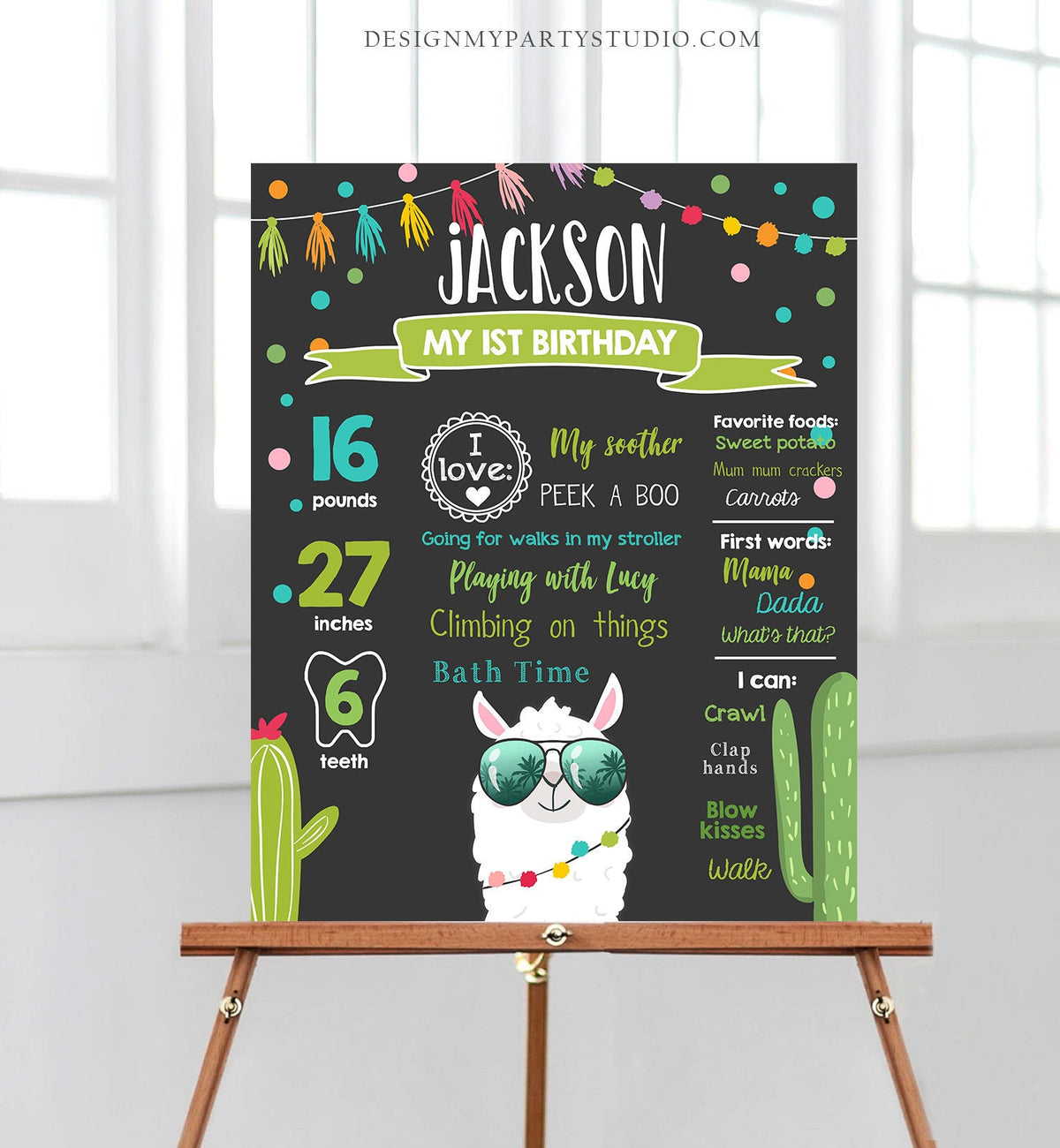 Editable Llama Birthday Milestones Sign Fiesta Mexican Alpaca Boy First Birthday 1st Chalk Instant Download Corjl Template Printable 0079