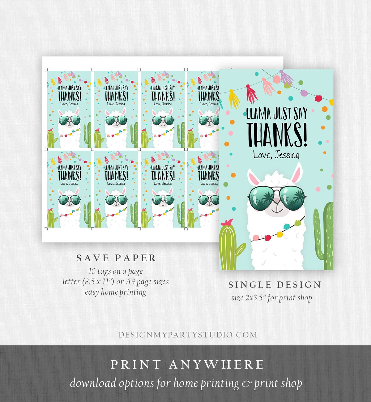 Editable Llama Favor Tag Llama Thank You Tag Blue Boy Birthday Fiesta Cactus Alpaca Mexican Party Digital Download Template Printable 0079