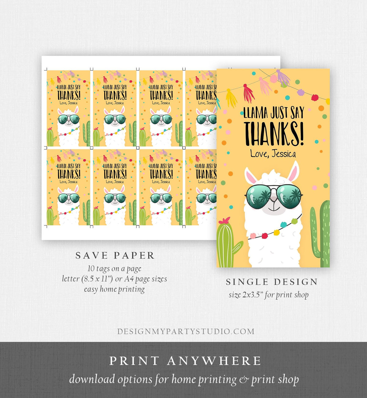 Editable Llama Favor Tags Llama Thank You Tags Fiesta Cactus Alpaca Mexican Llama Party Favor Tags Yellow Sunglasses Corjl Template 0079