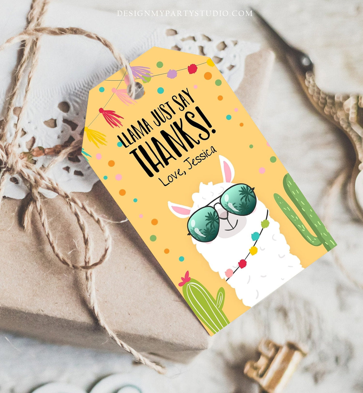 Editable Llama Favor Tags Llama Thank You Tags Fiesta Cactus Alpaca Mexican Llama Party Favor Tags Yellow Sunglasses Corjl Template 0079