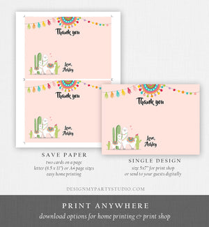 Editable Llama Thank You Card Fiesta Mexican Baby Shower Thank You Note Birthday Cactus Pink Girl Alpaca Corjl Template Printable 0079