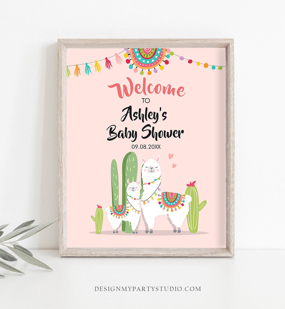 Editable Llama Welcome Sign Llama Baby Shower Baby Sprinkle Cactus Theme Fiesta Mexican Succulent Pink Girl Digital Template Printable 0079