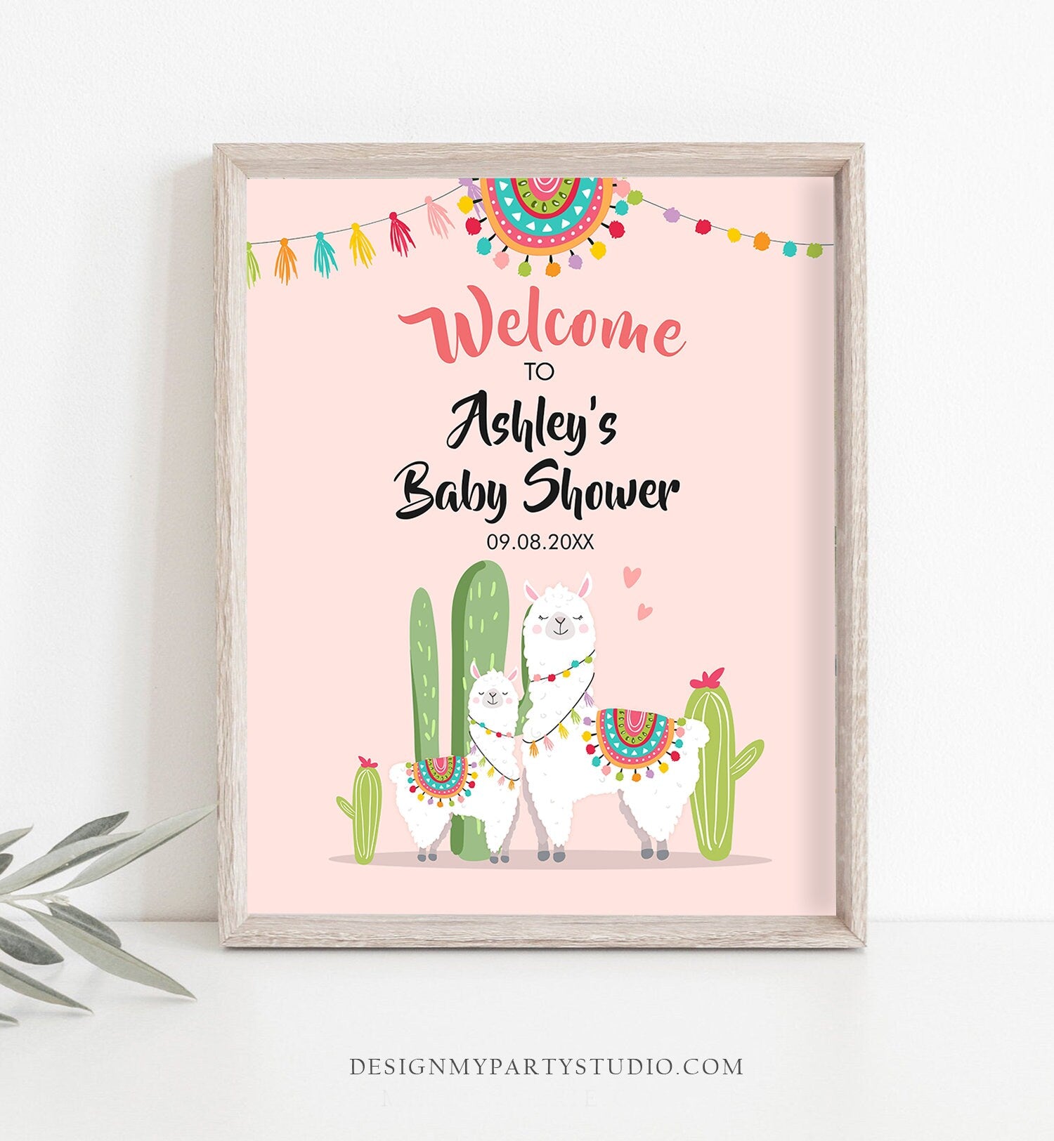 Editable Llama Welcome Sign Llama Baby Shower Welcome Baby Sprinkle Cactus Theme Fiesta Mexican Succulent Pink Girl Corjl Template 0079