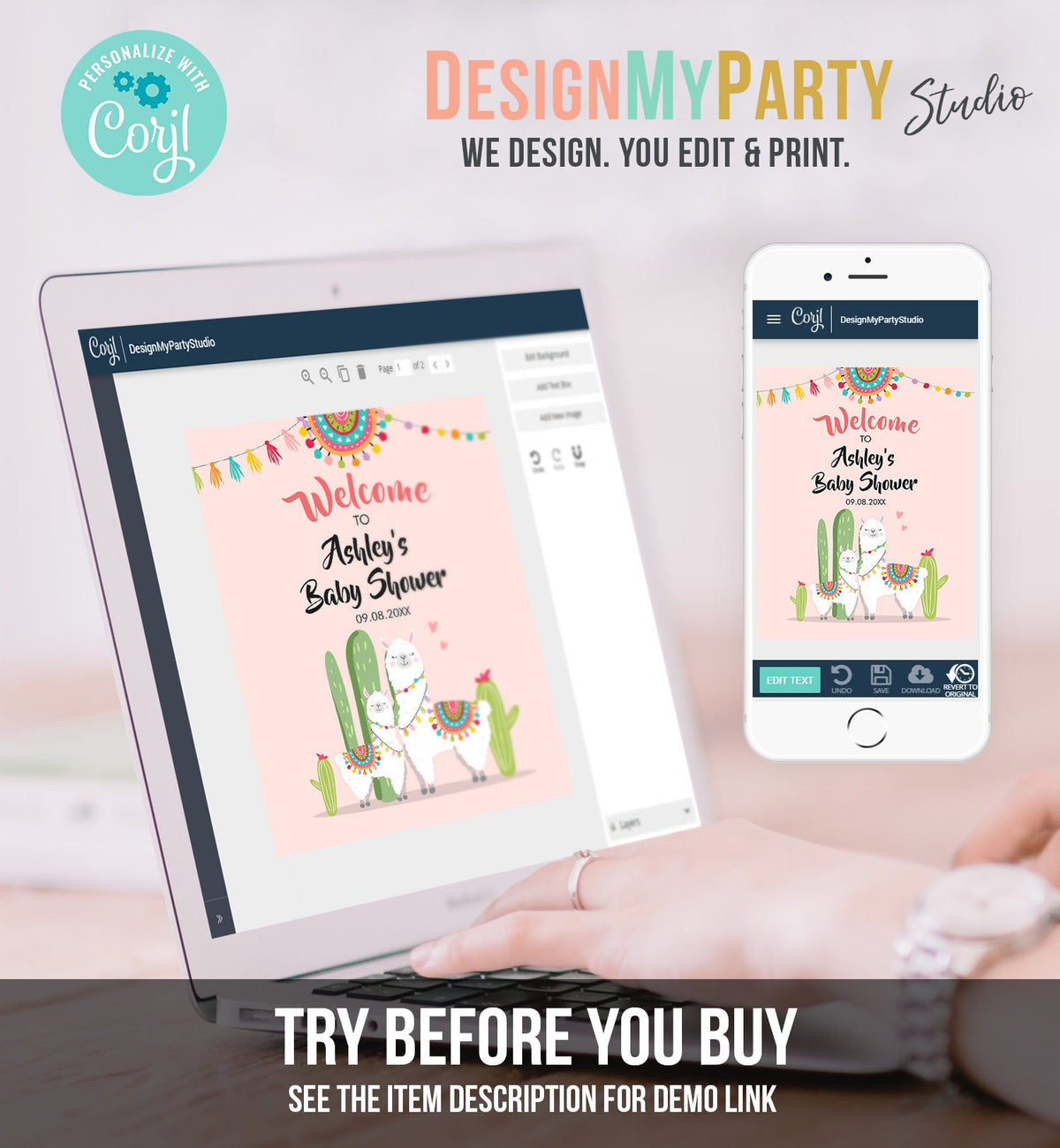 Editable Llama Welcome Sign Llama Baby Shower Baby Sprinkle Cactus Theme Fiesta Mexican Succulent Pink Girl Digital Template Printable 0079