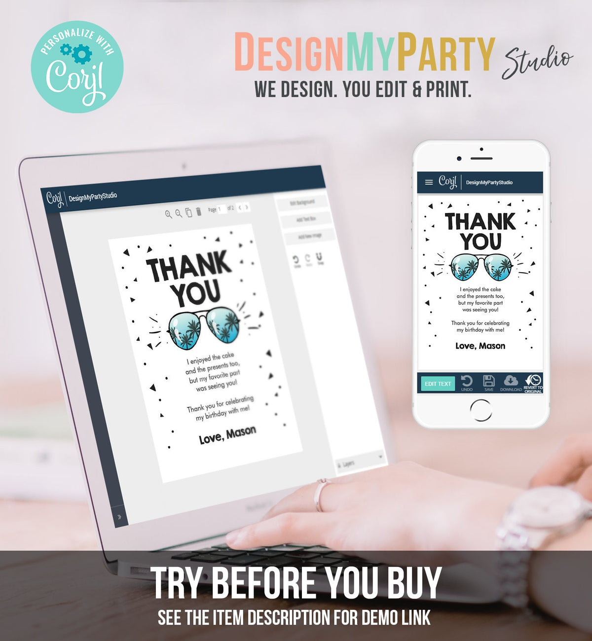 Editable Cool Thank You Card Birthday Boy Sunglasses Two Cool One Cool Dude Birthday Party 2nd Download Corjl Template Printable 0136