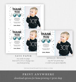 Editable Thank You Card Two Cool Birthday Boy Sunglasses Palm Second Birthday Party Note 2nd White Photo Corjl Template Printable 0136