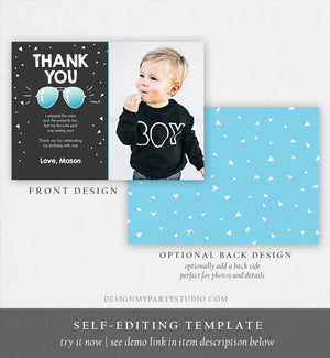 Editable Thank You Card Two Cool Birthday Boy Pilot Sunglasses Second Birthday Party Note 2nd Chalk Photo Corjl Template Printable 0136
