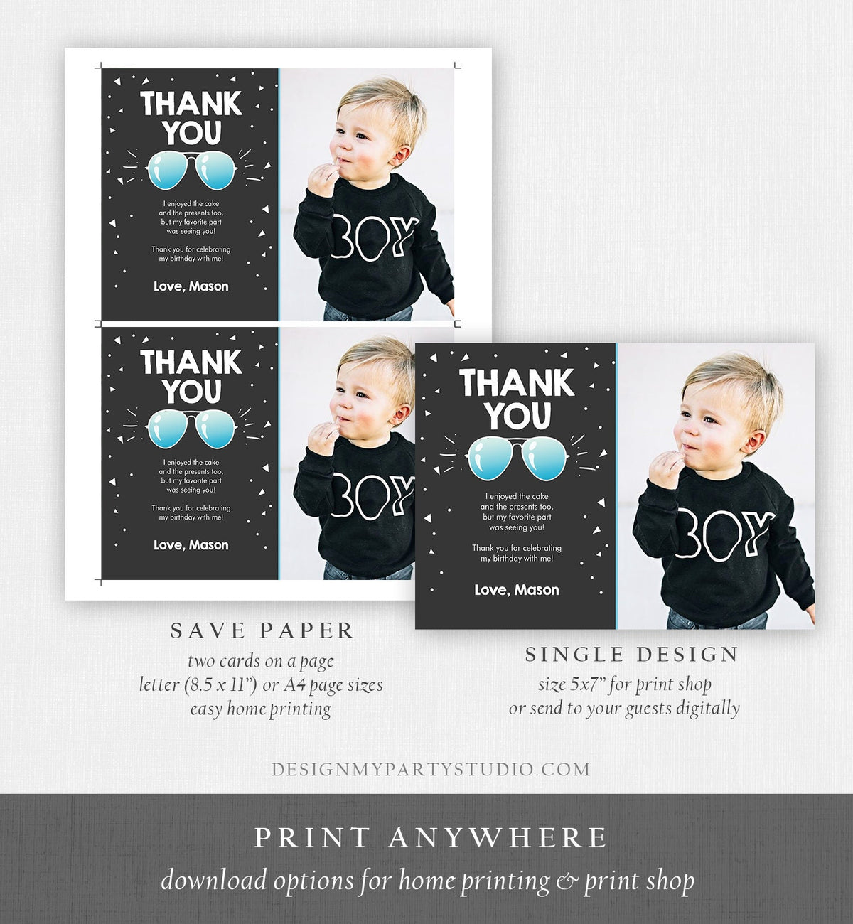 Editable Thank You Card Two Cool Birthday Boy Pilot Sunglasses Second Birthday Party Note 2nd Chalk Photo Digital Template Printable 0136